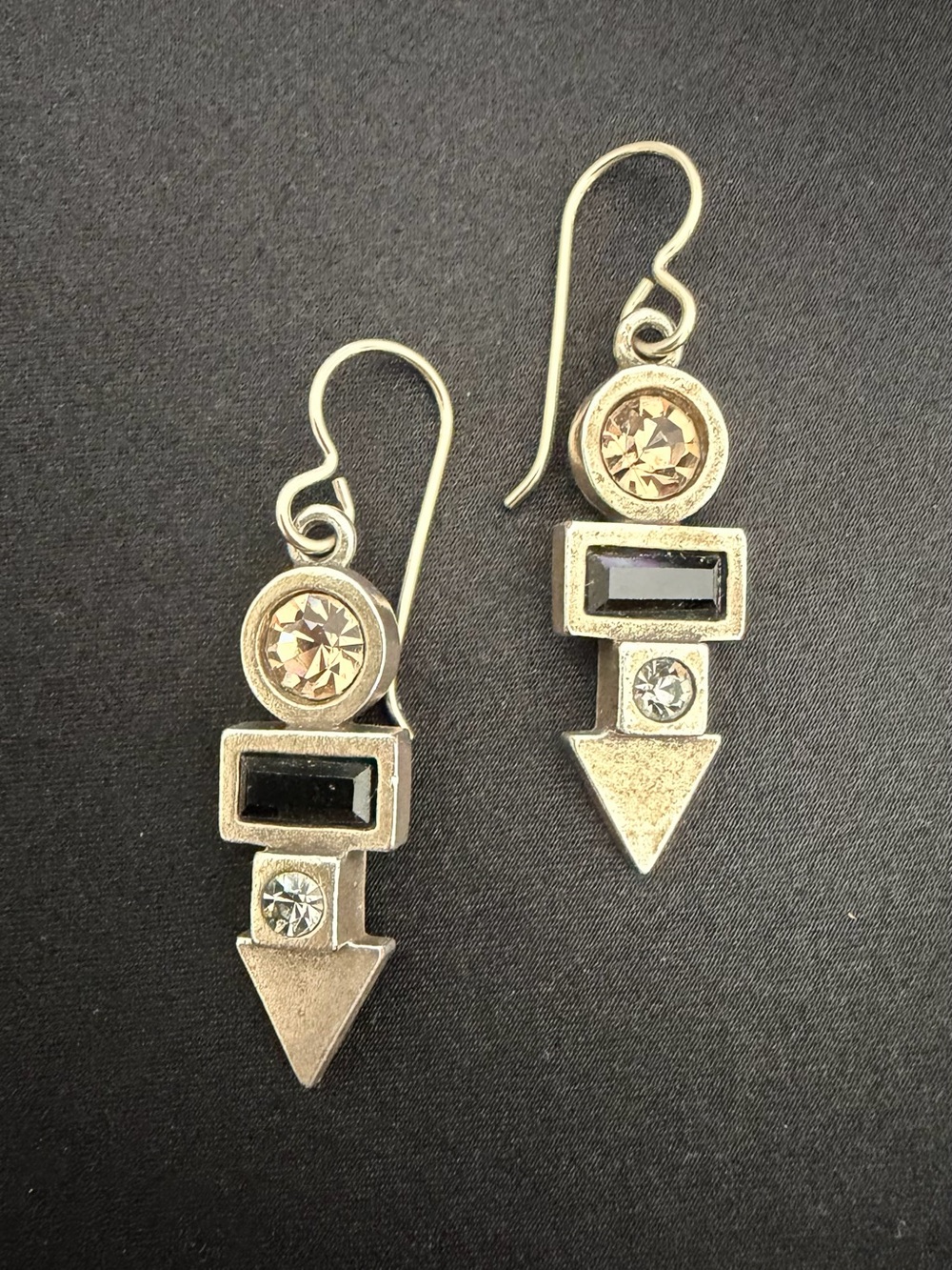 Signed Patricia Locke Light Gold Tone Earrings w/ Black and Champagne Stones